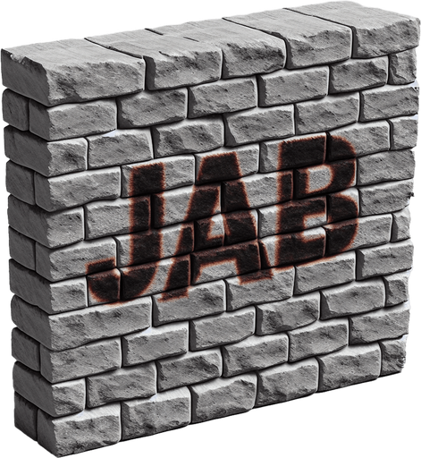a forward facing brick with the writing "Jab" Single Game Texture. In-Game asset. 2d. Blank background. High contrast. No shadows.