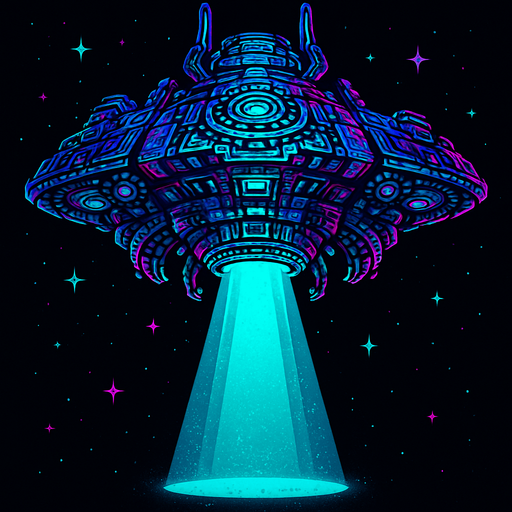 Big detailed alien star cruiser with lights and tractor beam beaming down.
In-Game asset.  2d.  High contrast.  No shadows
