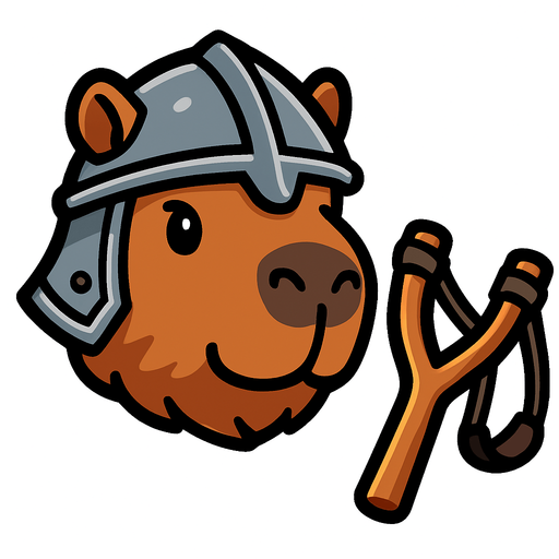 Una cabeza de un capibara en estilo cartoon. Debe tener un casco medieval. A su lado debe esatr un resortera. Quita el fondo..
In-Game asset.  2d.  High contrast.  No shadows