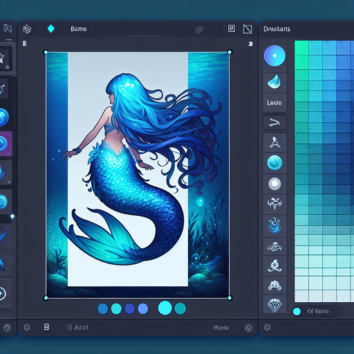 A beautiful blue and turquoise mermaid.
Single Game Texture. In-Game asset. 2d. Blank background. High contrast. No shadows.