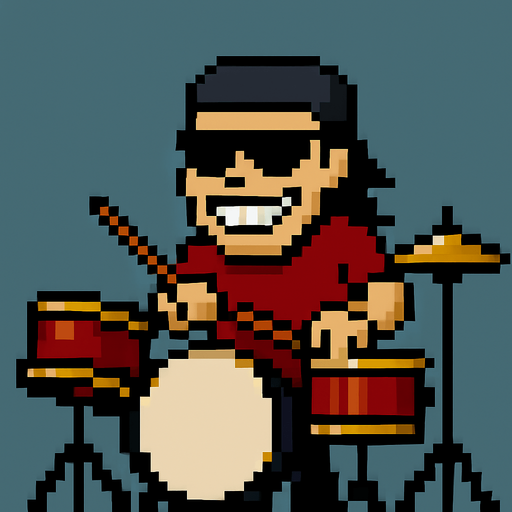 make the next frame when he is hitting the drums while grin smile with one's teeth showing, his hands are down and drumstick are on the drums