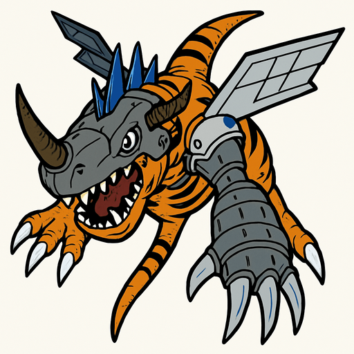 Metalgreymon, visto desde arriba, detalles altos, sin errores debe ser identico.
In-Game asset.  2d.  High contrast.  No shadows