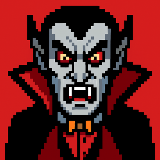 Vampire baron evil pixel.
In-Game asset.  2d.  High contrast.  No shadows