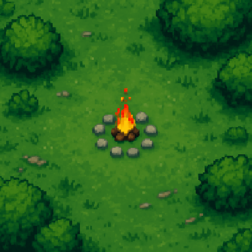 Kamp ateşi ve etrafındaki taşlar daha küçük olsun ve harita daha büyük olsun(daha da yukarıdan bakıyormuş gibi)