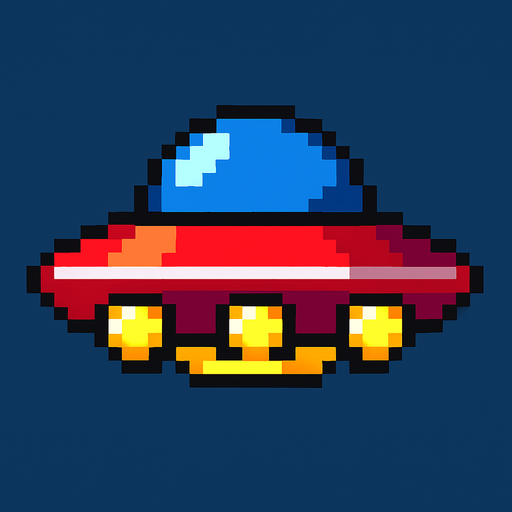 UFO 2d pixel art.
In-Game asset.  2d.  High contrast.  No shadows