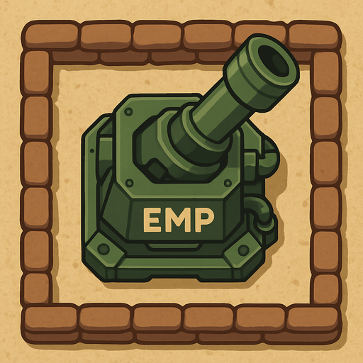 Top view of an Green defense Military tower large EMP mortar, in the desert, the image has a square border outlined by military defense Brown sandbags.
In-Game asset.  2d.  High contrast.  No shadows