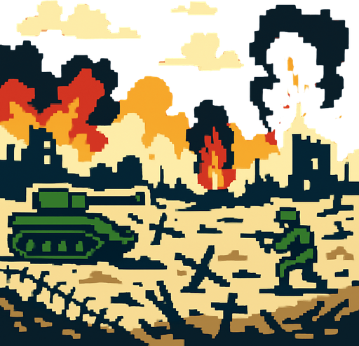 a pixel war background.
In-Game asset.  2d.  High contrast.  No shadows