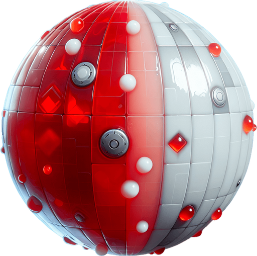 Red and white round jelly with effects steel robotic.
Single Game Texture. In-Game asset. 2d. Blank background. High contrast. No shadows.