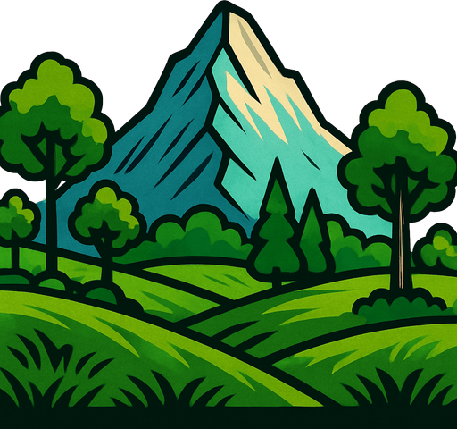 ağaçlı, çimenli dağ..
In-Game asset.  2d.  High contrast.  No shadows