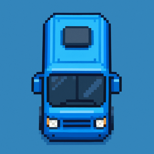 Pixel art mavi otobüs kuş bakışı.
In-Game asset.  2d.  High contrast.  No shadows