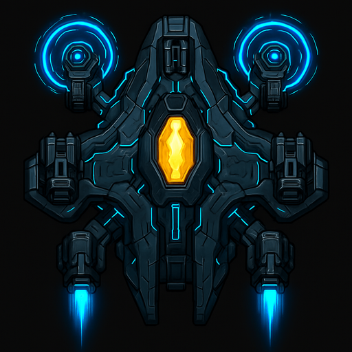 Transform the ship into a high-tech 2D top-down spacecraft. Add shield emitters with rotating energy halos, four weapon slots, side thrusters, and an enhanced cockpit with a golden or crystal-like glow. The silhouette is wider and more refined. Visuals should include detailed paneling, moving parts, and advanced energy flows..
In-Game asset.  2d.  High contrast.  No shadows