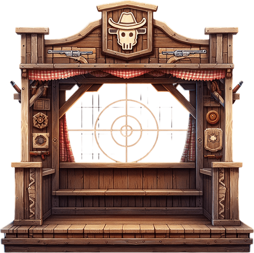 front facing western shooting gallery wooden frame.
Single Game Texture. In-Game asset. 2d. Blank background. High contrast. No shadows.
