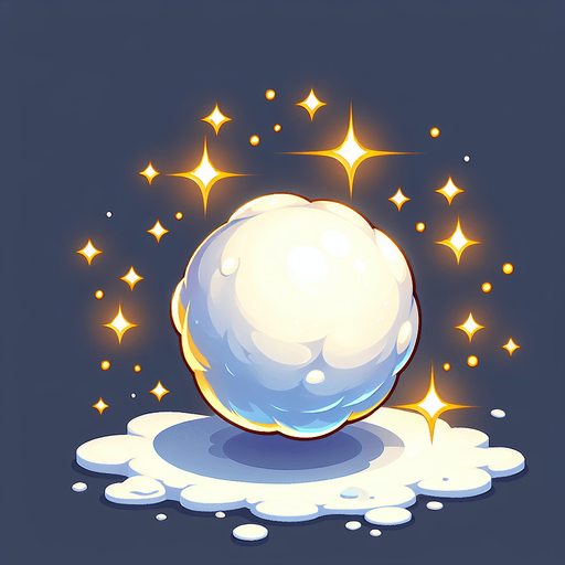 a snowball with magical powder, white color with golden tone, cartoon Single Game Texture. In-Game asset. 2d. Blank background. High contrast. No shadows.