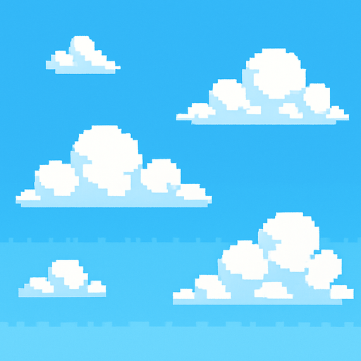 El cielo debe ser un fondo claro y agradable, de color azul celeste con un suave degradado hacia un azul más claro en la parte inferior, acompañado de algunas nubes blancas esponjosas flotando lentamente para dar una sensación de movimiento y vida; todo en pixel art, sin muchos detalles, con un ambiente brillante, alegre y apto para un juego casual visualmente amigable..
In-Game asset.  2d.  High contrast.  No shadows