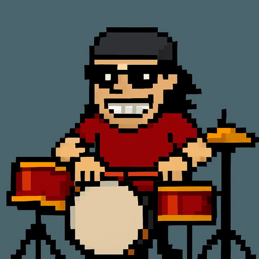 make the next frame when he is hitting the drums while grin smile with one's teeth showing, his hands are down and drumstick are on the drums