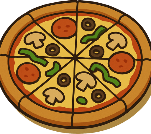 Pizza in professor Layton game style artwork.
In-Game asset.  2d.  High contrast.  No shadows
