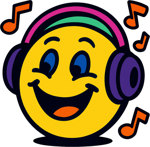 müzik dinleyen neşeli surat.
In-Game asset.  2d.  High contrast.  No shadows