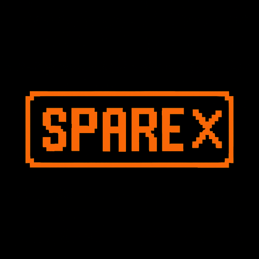 Black button with an orange outline that says "Spare" and has a X icon, pixel art.
In-Game asset.  2d.  High contrast.  No shadows