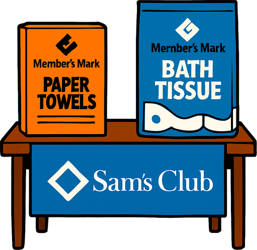 Que tenga un mantel azul  con el logo de sams club, sean menos productos y la mesita sea mas alta, el mantel no llega hasta el suelo, si no hasta a la mitad de la altura y permite ver las patitas de la mesa