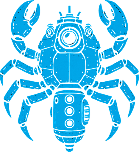 vertical top down blue king crab scifi submarine.
In-Game asset.  2d.  High contrast.  No shadows