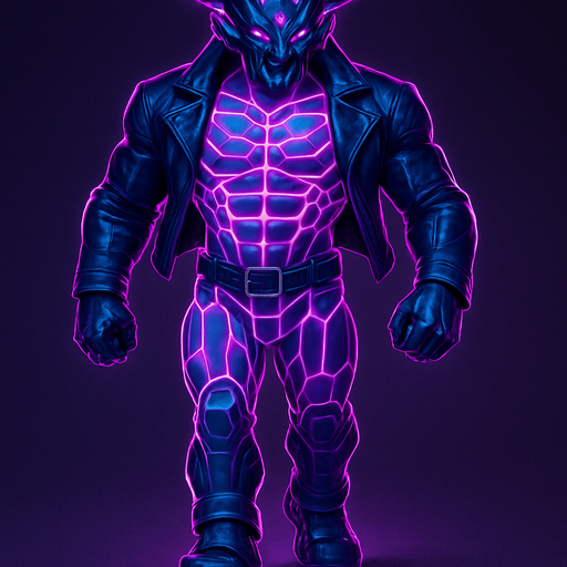Black leather biker jacket longsleeves bare segmented neon cyberpunk pecs abs muscles robot monster hunk Neon cyberpunk 3d hologram corporate occult demon android mecha robot sentinel guard soldier machine monster fully in frame no part cut off no background anime futuristic Background removed, "Full-body character, entirely in frame, no cropping of face, head, or feet" "Complete character visible, from head to toe, fully centered in the image" "Entire character, including face and boots, fully within the frame" Character fully contained within a square frame, no edges cut off  horns through boots Walking animation