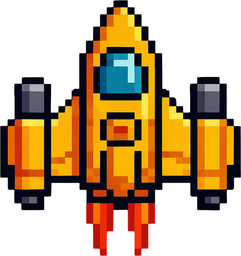 pixel art bir uzay gemisi.
In-Game asset.  2d.  High contrast.  No shadows