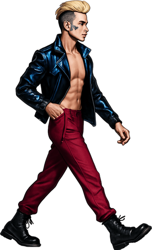 Swishy graceful man Cyberpunk manga, camera-facing arm bent In fro t of body, side profile view walking animation, shiny black leather biker jacket longsleeves shirtless Skinny abs blonde undercut pompadour guy, action shot wine red joggers combat boots, Background removed, "Full-body character, entirely in frame, no cropping of face, head, or feet" "Complete character visible, from head to toe, fully centered in the image" "Entire character, including hair and boots, fully within the frame" Character fully contained within a square frame, no edges cut off fashion model walking pose Style of vogue magazine