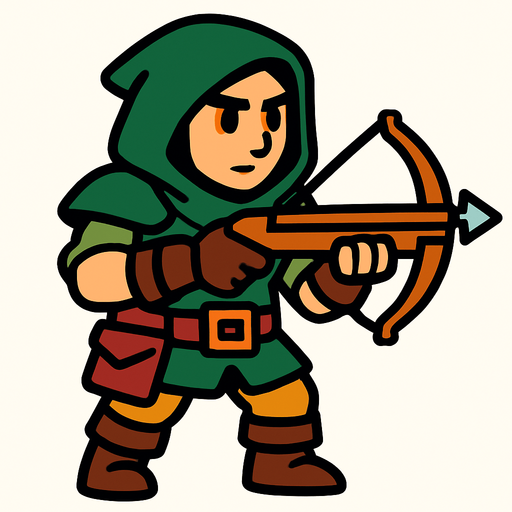 Create a game character with a crossbow in hand.
In-Game asset.  2d.  High contrast.  No shadows