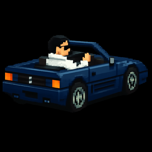 The hair color of the driver is black and he wears a futuristic white jacket. The car is dark blue