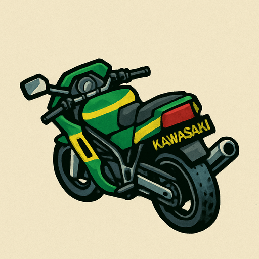 bir kawasaki motoru arkadan bakıldığında yukarıdan aşağıya gta2 tek oyun dokusu . oyun içi varlık. 2d. boş arka plan. yüksek kontrast. gölge yok.  motor perspektif olarak sağa yatık olsun.
In-Game asset.  2d.  High contrast.  No shadows