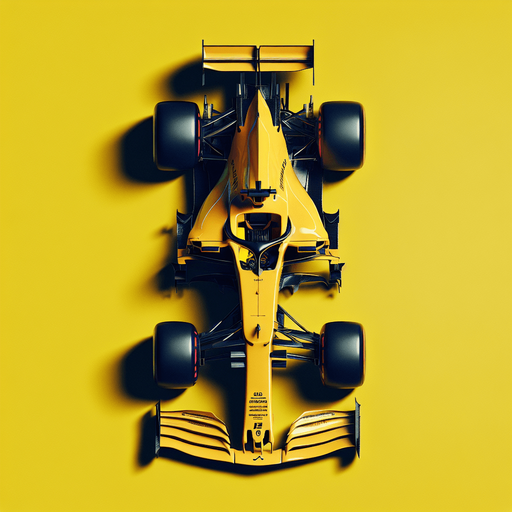 a yellow f1 race car top view.
Single Game Texture. In-Game asset. 2d. Blank background. High contrast. No shadows.