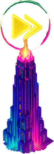 Top down isometric neon cyberpunk futuristic massive tower spire 3D fast forward symbol projection over top, agility, rapidness symbol yellows pinks greens vaporwave glowing hologram over top