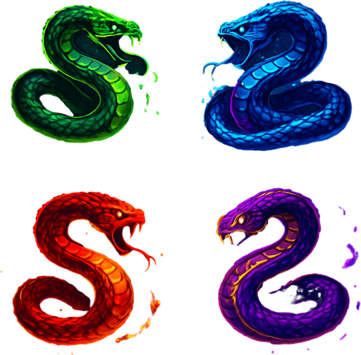 Serpent enemies assets with particles. HD colors. magical images.
In-Game asset.  2d.  High contrast.  No shadows
