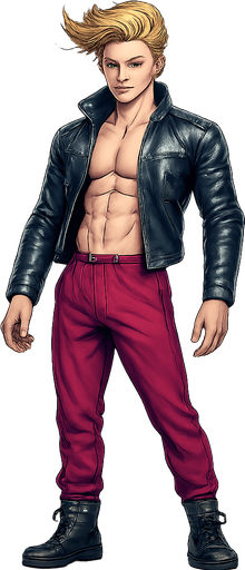Swishy graceful man Cyberpunk manga, idle animation, shiny black leather biker jacket longsleeves shirtless Skinny abs blonde pompadour guy, wine red joggers combat boots, Background removed, "Full-body character, entirely in frame, no cropping of face, head, or feet" "Complete character visible, from head to toe, fully centered in the image" "Entire character, including face and boots, fully within the frame" Character fully contained within a square frame, no edges cut off fashion model idle pose