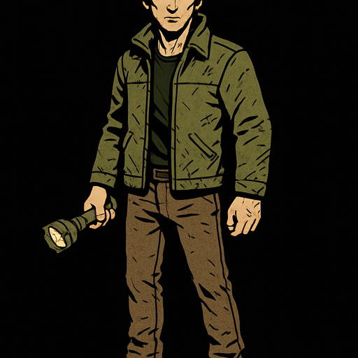 ✅ Hair: Medium-length, slightly unkempt dark hair—indicating survival hardships.
✅ Height: Around 1.75m (5'9"), agile but not overly strong.
✅ Build: Lean, slightly worn-out clothing, showing signs of past struggles.
✅ Eyes: Piercing green or amber eyes, reflecting a determined personality.
✅ Accessories: A damaged jacket with scratches, adding realism to the post-apocalyptic theme.
✅ Hand Item: A broken flashlight – essential for revealing enemies but risky in the dark!
Arin’s design should reflect their survival skills—not looking overly combat-ready but practical for the harsh environment. The flashlight mechanic will play a big role in interacting with the game’s shadow creatures..
In-Game asset.  2d.  High contrast.  No shadows