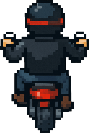 motociclista de chaqueta negra hecha con pixeles con perspectiva desde arriba y trasera.
In-Game asset.  2d.  High contrast.  No shadows
