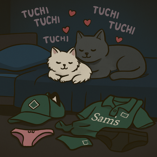 Ahora, basandote en sus uniformes, quiero que una imagen donde se vea esa ropa tirada en el suelo alado d euna cama con colcha azul marino, es de noche, oscuro y tambien hay ropa interior rosa de nia y negra de chico.
SObre la ropa hay un gatito blanco y uno mas grqande de color gris, el gato blanco es algo peludo.
Que se vean coraozncitos y diga en el aire muchas veces flotanto *Tuchi tuchi*