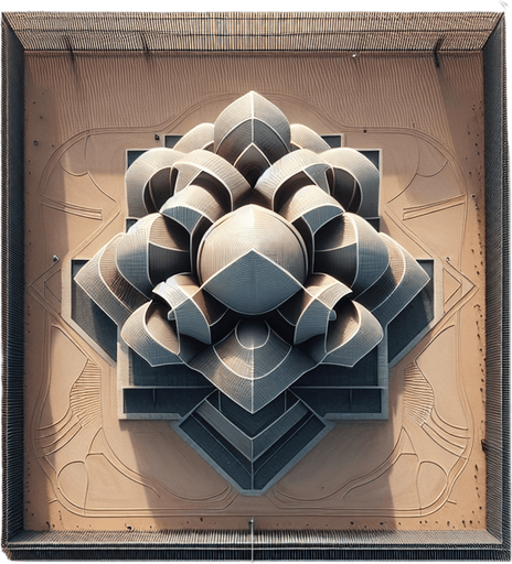 Zenith view of Dune's Wind Trap power facility square fence.
Ressembles a bit to Sydney's Opera. Zenith view Directly from above.