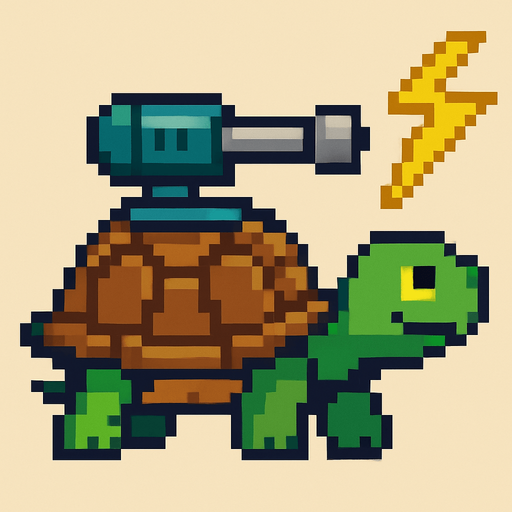 a turtle with a lightning bolt gun on her shell, pixelart.
In-Game asset.  2d.  High contrast.  No shadows