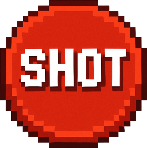 un boton rojo que en medio dice shot hecho con pixeles.
In-Game asset.  2d.  High contrast.  No shadows