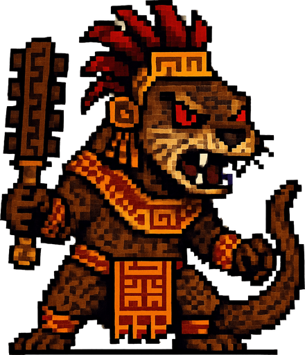 Genérame una Nutria Neotropical guerrero azteca con eso patrones, estilo pixelar, con una apariencia maligna, ojos rojos, rabioso. Unidad cuerpo a cuerpo. Animal.
In-Game asset.  2d.  High contrast.  No shadows