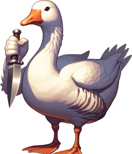 Goose with a knife.
Single Game Texture.  In-Game asset.  2d.  Blank background.  High contrast.  No shadows