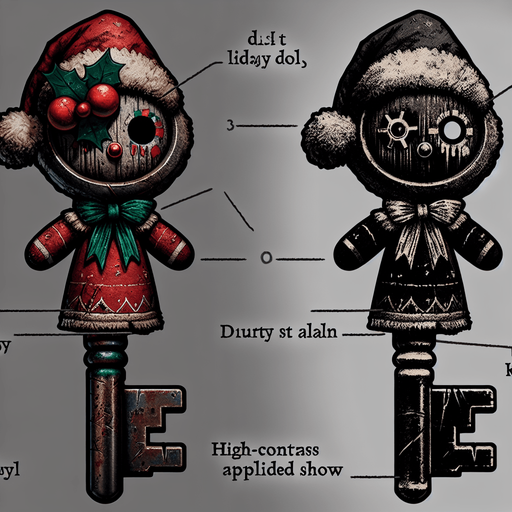 a simple dirty, dark and eerie Christmas doll key.
Single Game Texture. In-Game asset. 2d. Blank background. High contrast. No shadows.