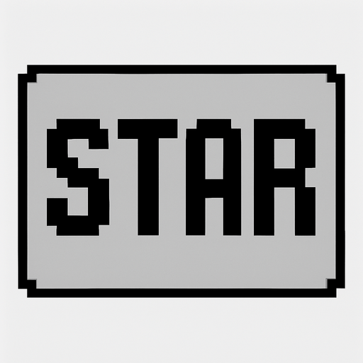Rectángulo gris con bordes negros que en el sentro tenga la palabra Star pixelada.
In-Game asset.  High contrast.  No shadows