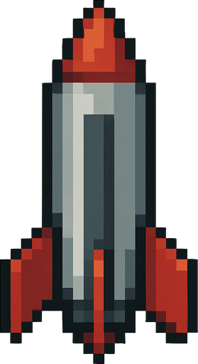 Top-down pixel art rocket missile.
In-Game asset.  2d.  High contrast.  No shadows