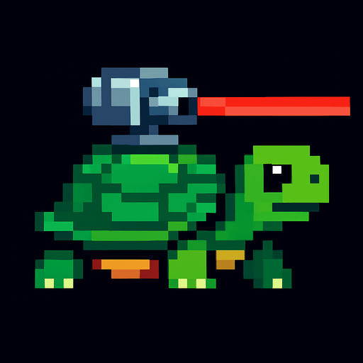 a turtle with a laser on her shell, pixel art.
In-Game asset.  2d.  High contrast.  No shadows