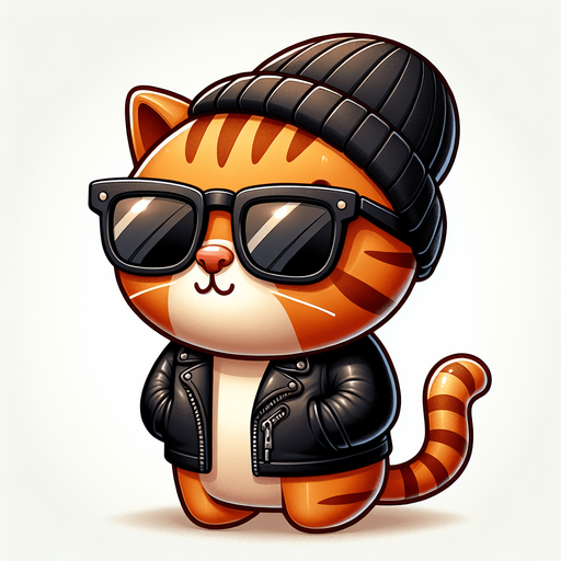 The character in the image is a cartoon-style, orange tabby cat with noticeable stripes. It has a round face, adorned with a pair of oversized, black wayfarer sunglasses, and atop its head sits a cool black beanie hat. The cat's body is smaller in comparison to its head, emphasizing its cute, chubby appearance. It's clad in a cool black leather jacket, adding an edge to its look. Positioned with its paws visible in front, the cat showcases a relaxed posture. The overall style is playful and whimsical, making it an ideal choice for a casual mascot or a character in a children's book..
Single Game Texture. In-Game asset. 2d. Blank background. High contrast. No shadows.