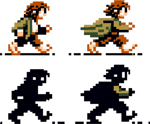 A pixel art sprite of a hobbit. Top down view from behind so the player only sees the hobbits top of head. Full body Top down aerial view, from behind, he is running, Nintendo art style 16 bit, retro. Single Game Texture. In-Game asset. 2d. Blank background. High contrast. No shadows.
Single Game Texture. In-Game asset. 2d. Blank background. High contrast. No shadows.