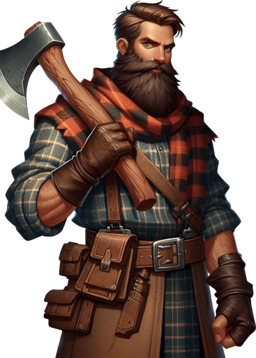 A lumberjack in a fantasy rts style.
Single Game Texture. In-Game asset. 2d. Blank background. High contrast. No shadows.