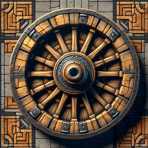 Una rueda de carretilla medieval.
Single Game Texture.  In-Game asset.  2d.  Blank background.  High contrast.  No shadows